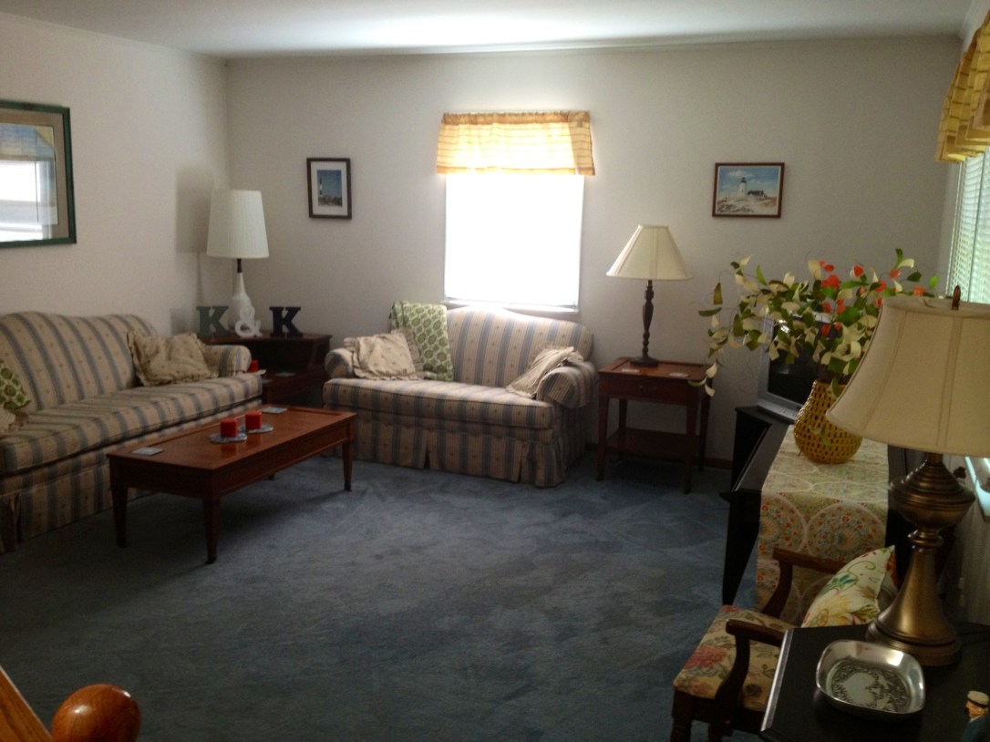 ...and swapped the gray curtains with a spare bedroom's bright, cheery, gold curtains. TA DA!