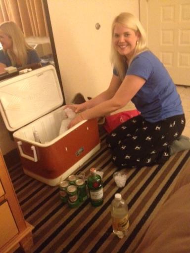 Bartending for Rache and Darla from my favorite possession: My parents' 1970s cooler. Dude. It keeps ice frozen for THREE days. IN THE SUMMER.