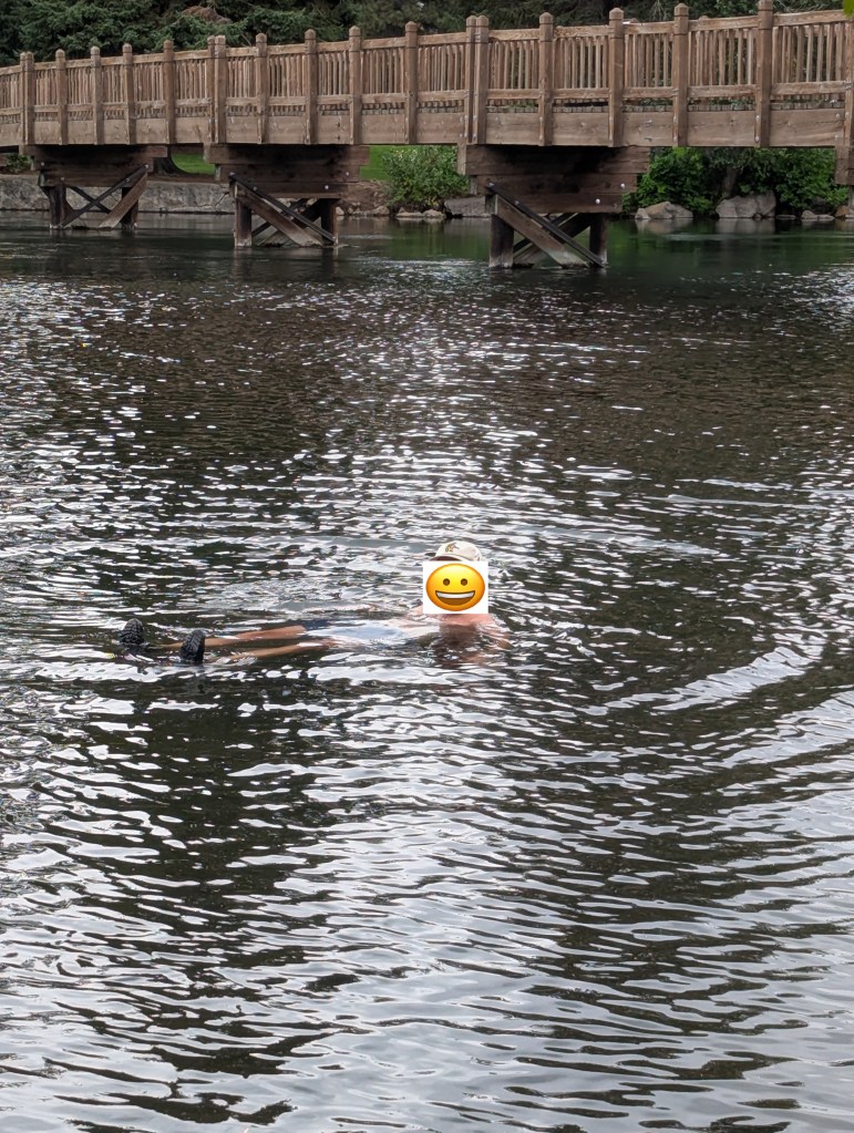 A person swimming in a calm body of water near a wooden bridge, with a smiling emoji over their face.