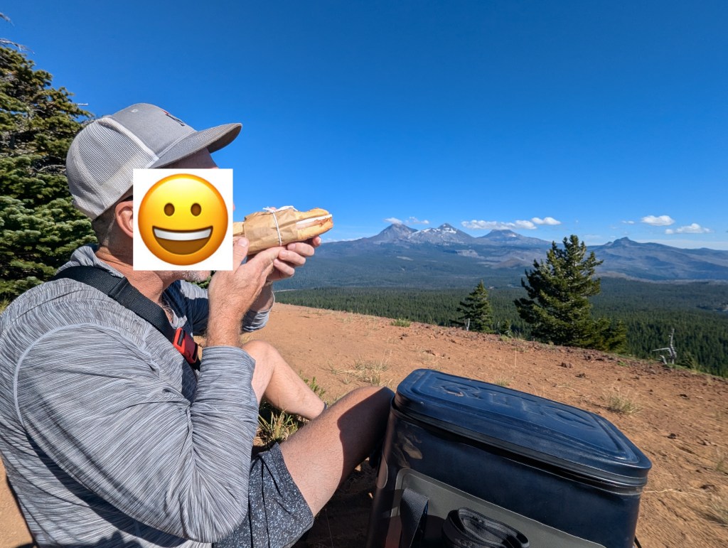 A person sitting on a mountain ridge enjoying a wrapped sandwich, with a scenic view of distant mountains and trees in the background.