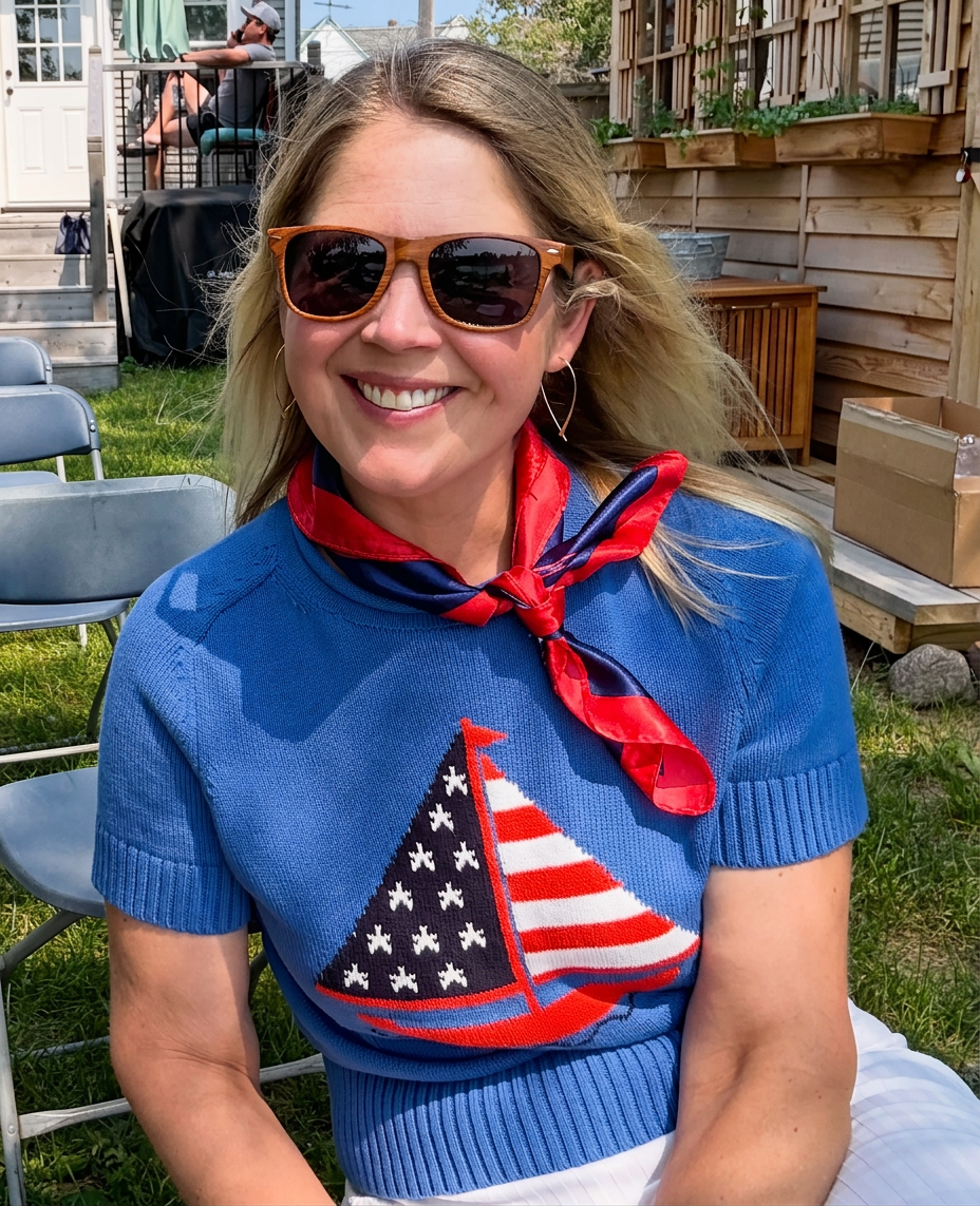 A smiling woman wearing sunglasses and a blue sweater with a sailboat pattern, seated outdoors with a grassy background.