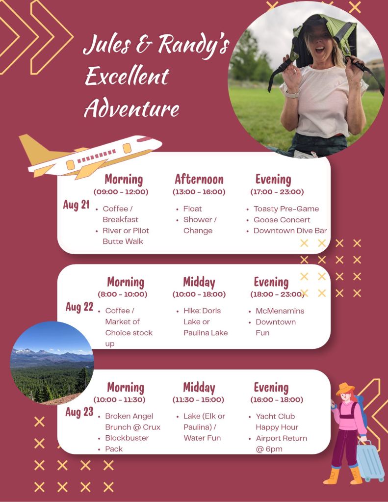 A colorful itinerary titled 'Jules & Randy's Excellent Adventure' detailing activities for August 21 to 23, including morning breakfasts, afternoon floats, and evening concerts, with accompanying images of a scenic landscape and a woman smiling while holding a hat.