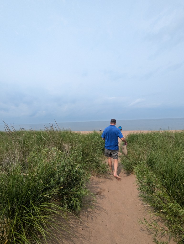 A person walking barefoot on a sandy path leading to the beach, surrounded by green grass and under a cloudy sky.