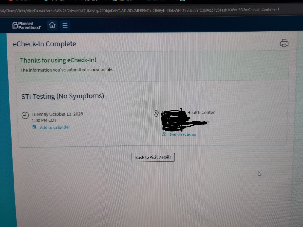 Screenshot of an eCheck-In confirmation from Planned Parenthood for STI testing with a date and time.