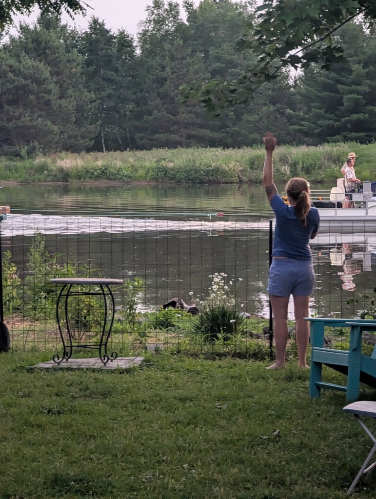 A person standing by a fenced area waving at someone on a boat in a calm lake surrounded by trees.