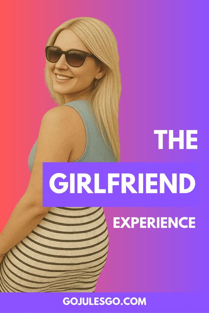 A woman with long blonde hair wearing sunglasses and a light blue top, smiling over her shoulder, set against a gradient background of pink and purple, with text that reads 'THE GIRLFRIEND EXPERIENCE'.